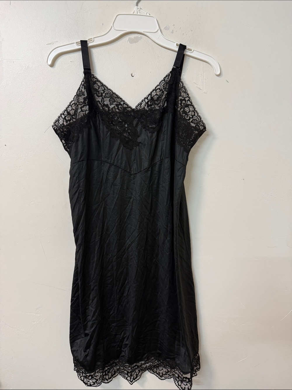 Black Lace Trim Satin Slip Dress - Unbranded